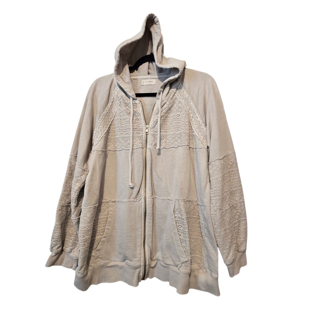 Lucky Brand Lace-Panel Zip Hoodie Womens L Cream Pockets Cotton Boho Cottagecore